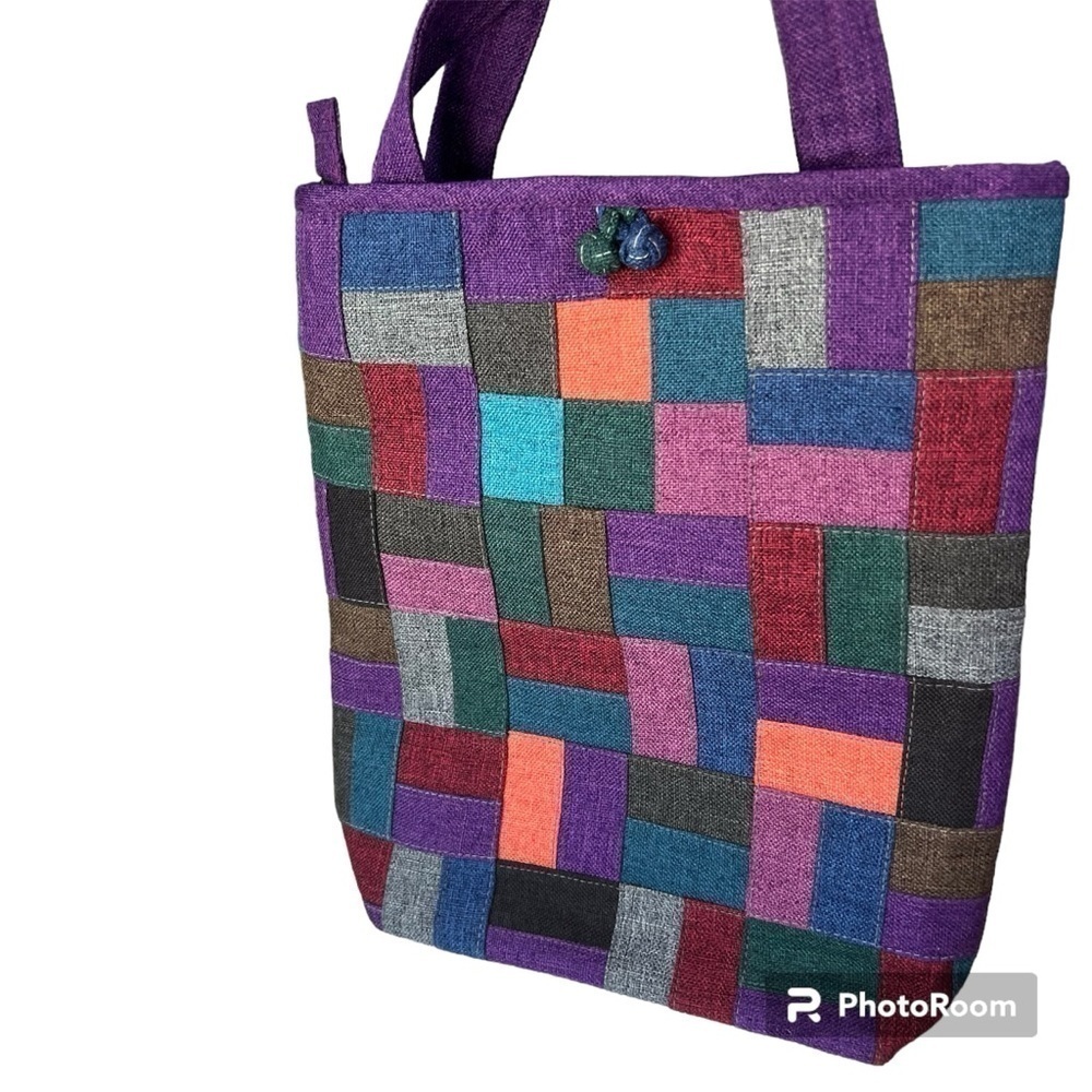 Quilted Patch Work Small Tote Burlap Mini Bag